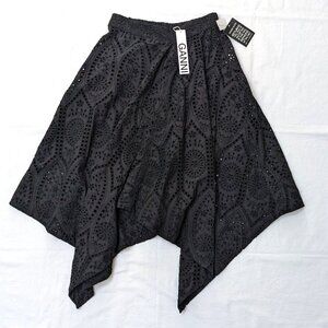 Ganni Asymmetrical Eyelet Midi Aline Pocket Cotton Skirt Black Size 36, US 4